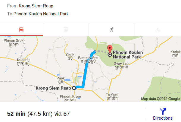 Siem Reap to Kulen Mountain, Phnom Kulen National Park - about 47km (29 miles).